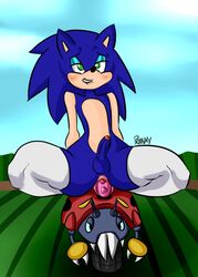 1boy alternate_body_type anal anal_insertion anal_sex androgynous anthro badnik balls biting_lip dildo dildo_sitting duo eyeshadow femboy feminine_male front_view girly hedgehog hourglass_figure humanoid_penis machine mammal mobian_(species) penetration penis pranky robot sega sex_toy sonic_(series) sonic_the_hedgehog trap uncut