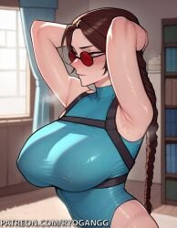 1girls 2d ai_generated armpits arms_up breasts breasts brown_eyes brown_hair lara_croft lara_croft_(classic) lara_croft_(survivor) large_breasts long_hair no_bra patreon_username ponytail ponytails ryogangg tank_top tomb_raider