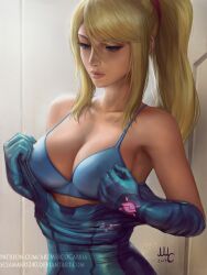 1girls alternate_version_available big_breasts blonde_hair blue_bodysuit blue_bra blue_eyes bodysuit bra breasts cleavage female female_only fit_female hair_tie large_breasts latex_suit long_hair metroid mirco_cabbia nintendo ponytail samus_aran sciamano240 undressing zero_suit_samus