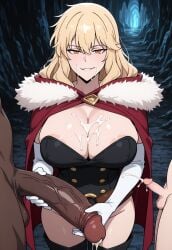 1girls 2boys ai_generated areola_slip areolae blonde_hair breasts cave cleavage cuckold cuckolding cum cum_on_breasts dark-skinned_male female fur-trimmed_cape gina_(solo_leveling) holding_penis interracial large_breasts large_penis light-skinned_male long_penis looking_at_viewer netorare ntr nude_male orange_eyes penis penis_size_difference precum red_cape self_upload small_penis small_penis_humiliation smirk smug solo_leveling tagme thick_penis thighs white_gloves