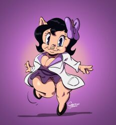 1female 1girls antropomorph ass background big_ass big_breasts black_hair bow breasts carlos_jurado_cartoons commando digital_media_(artwork) dress female female_only happy labcoat looney_tunes no_panties petunia_pig pig purple_background purple_dress shading shadow skipping the_day_the_earth_blew_up:_a_looney_tunes_movie thick_ass thick_thighs thighs warner_brothers