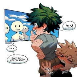 ass awkward bakugou_katsuki bent_over blonde_hair blush boku_no_hero_academia freckles green_hair huge_ass hyamotto izuku_midoriya katsuki_bakugou licking_ass male midoriya_izuku my_hero_academia nervous public scar shirt shorts smile thumbs_up tongue tongue_out window yaoi