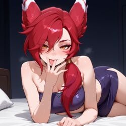 ai_generated animal_ears bed bedroom league_of_legends licking pencil_skirt red_hair riot_games seductive seductive_look tubetop vastaya xayah