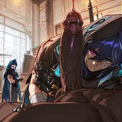 1boy ai_generated arm bandage bandaged bandages blue cloak dark darkskinned eyes genshin_impact hair heterochromia hood hooded ifa_(genshin_impact) jacket leg long male mouth naked open ororon_(genshin_impact) red skin tattoo up yaoi