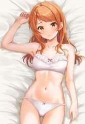 absurdres arm_up armpits ass_visible_through_thighs bed_sheet blush bra breasts ca_paria cameltoe female fingernails frilled_bra frills highres hojo_karen idolmaster idolmaster_cinderella_girls long_hair looking_at_viewer lying medium_breasts nail_polish navel on_back orange_hair panties revision ribbon-trimmed_bra ribbon-trimmed_panties ribbon_trim solo stomach underwear underwear_only white_bra white_panties