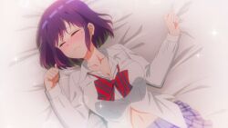 1girls 2025 anime anime_style arms bangs bed blush bow bowtie breasts breasts_apart closed_eyes closed_hand closed_hands closed_mouth clothed clothed_female clothing collarbone digital_media ear embarrassed embarrassed_female eyebrows eyebrows_visible_through_hair eyelashes female fringe fringe_hair girl hands hands_closed high_resolution highres ishihara_yukari long_sleeves lying lying_on_back lying_on_bed medium_breasts medium_hair medium_hair_female mole mole_on_face mole_under_eye mouth_closed navel navel_cutout nose_blush on_back partially_open_shirt pocket purple_hair purple_hair_female purple_skirt red_bow red_bowtie school_skirt school_uniform schoolgirl screencap shiny_hair shirt_pocket skirt solo solo_female sparkles staple_entertainment sweat sweatdrop sweating teenage_girl teenager thin thin_arms thin_female upper_body upper_body_focus upper_body_only upper_body_visible watari-kun_no_xx_ga_houkai_sunzen white_background white_clothes white_clothing white_shirt