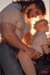 2sang aether_(genshin_impact) age_difference ai_generated anal_sex blonde_hair femboy gay horseback_riding outdoor sex_on_horseback size_difference sunset t-shirt