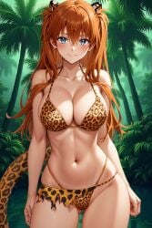 1girl ai-created ai_generated animal_print asuka_langley_sohryu bangs bare_arms bare_shoulders bikini blue_eyes blush breasts brown_hair clavicle cleavage closed_mouth clothing cowboy_shot day female female_only forest groin hair_between_eyes hair_ornament halterneck headgear headwear high_resolution interface_headset jungle large_breasts leopard_print linea_alba long_hair looking_at_viewer medium_breasts miniskirt nature navel neon_genesis_evangelion orange_hair outdoors palm_tree pixiv plant rena_aikawa_(pixiv_user) sarong shiny skindentation skirt sky smile solo stable_diffusion standing stomach swimsuit tail thigh_gap thighs tied_hair torn_clothes torn_skirt tree tribal_clothing two_side_up very_long_hair water yellow_bikini yellow_swimsuit