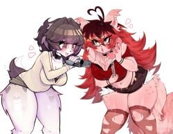 2girls anthro ass big_ass big_breasts big_butt big_lips blush blush_lines breasts brown_hair cleavage clothed clothing dark-skinned_female dark_skin dress ear_piercing earrings eyebrows eyebrows_visible_through_hair eyelashes eyelashes_visible_through_hair female female_only fluffy fluffy_hair furry furry_only glasses human humanized infienthusiast1 johanna_(infienthusiast1) judging lips long_hair mole mole_on_breast mole_under_eye nail_polish nails oc orange_eyes original_character piercing piercings plump_lips raised_eyebrows red_dress red_hair red_lips red_lipstick red_nail_polish red_nails shai shyychilla shyychilla_ takkunaki thick_lips thick_thighs thighs thighs_together two_tone_hair watermark