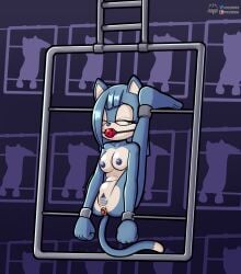 anthro ball_gag blue_body bondage bound breasts buttplug closed_eyes fan_character female fours_(artist) fourssss gag gem genitals hi_res jewel_buttplug plug_(sex_toy) pussy rime_the_cat sega sex_toy solo sonic_(series) sonic_the_hedgehog_(series) taped_vibrator vaginal_penetration vibrator