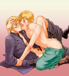 2boys abs ass ass_grab axis_powers_hetalia berwald_oxenstierna blonde_hair blush boots censored coat cum ejaculation erection finland_(hetalia) glasses gloves green_eyes looking_at_another male male_pubic_hair multiple_boys muscle nipples open_mouth pants pecs penis pink_background pubic_hair purple_eyes saliva shirt sweat sweden_(hetalia) tino_vainamoinen wince yaoi