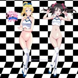 2girls ayase_eli black_hair blonde_hair blue_eyes blush bottomless breasts checkered checkered_background checkered_floor collarbone earrings hair_ornament hair_ribbon hat large_breasts love_live! love_live!_school_idol_project maruze_circus multiple_girls navel pussy race_queen red_eyes ribbon small_breasts smile thigh_boots yazawa_nico