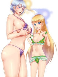 2girls age_difference animal_print areola_slip areolae bear_print bikini bikini_lift blonde_hair blue_eyes blush body_swap breast_conscious breast_envy breasts clenched_teeth erect_nipples green_bikini height_difference highres large_breasts long_hair multiple_girls navel nipples open_mouth personality_switch purple_bikini purple_eyes riichi_(rouchi) self_fondle short_hair silver_hair simple_background small_breasts sweatdrop swimsuit teeth very_long_hair white_background