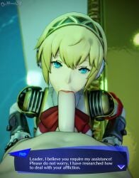 1boy 1girls 3d aigis_(persona) blue_eyes dialogue dochaunt24 fellatio makoto_yuki persona persona_3 red_lipstick yellow_hair