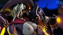 2girls 3d alternate_costume areolae blender breasts dragon_symmetra female female_only its-gergless looking_at_viewer mercy nipples overwatch symmetra witch_mercy