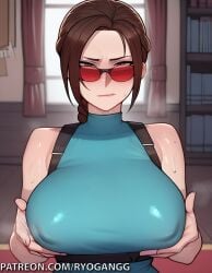 1girls 2d ai_generated breasts breasts brown_eyes brown_hair lara_croft lara_croft_(classic) lara_croft_(survivor) large_breasts long_hair no_bra patreon_username ponytail ponytails presenting_breasts ryogangg tank_top tomb_raider