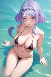 ai_generated bikini black_bikini female female_only figue golden_eyes large_breasts looking_at_viewer purple_hair sitting soul_hackers_2 water yellow_eyes