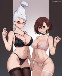 2girls ayase_momo ayase_seiko big_breasts blush blushing_at_viewer breasts curvaceous curvy curvy_female dandadan female female_focus female_only gilf gyaru hioyami huge_breasts large_breasts light-skinned_female light_skin looking_at_viewer navel slim_waist smile smiling smiling_at_viewer solo solo_female solo_focus thick_thighs thighs wide_hips