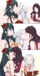 3girls 4m700kg blue_hair brown_hair byleth_(fire_emblem) byleth_(fire_emblem)_(female) byleth_(summer)_(fire_emblem)_(female) dorothea_arnault dorothea_arnault_(summer) edelgard_von_hresvelg edelgard_von_hresvelg_(summer) elite_throuple_kiss_(meme) fire_emblem kiss kissing lesbian light-skinned_female light_skin long_hair no_sex safe safe_for_work tagme white_hair yuri