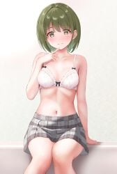 absurdres arm_support bare_legs blush bow bow_bra bra breasts ca_paria collarbone feet_out_of_frame female green_eyes green_hair grey_skirt highres idolmaster idolmaster_shiny_colors light_smile looking_at_viewer nanakusa_nichika navel no_shirt plaid_clothes plaid_skirt pleated_skirt short_hair sitting skirt small_breasts solo stomach underwear white_bra