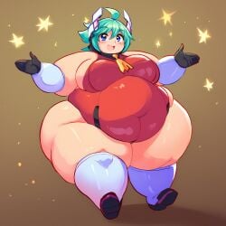 ai_generated azure_striker_gunvolt big_belly big_breasts expressive fat_thighs green_hair happy huge_thighs lola_(gunvolt) luminous_avenger_ix roro_(gunvolt) thick_thighs thighs