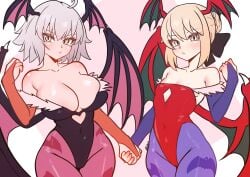 2girls ahoge alternate_breast_size animal_print artoria_pendragon_(fate) bare_shoulders bat_print bat_wings black_leotard blonde_hair blue_pantyhose blush braid breasts bridal_gauntlets cleavage clothing_cutout collarbone commentary cosplay covered_navel darkstalkers demon_wings detached_sleeves english_commentary fate/grand_order fate/stay_night fate_(series) flat_chest fukou grey_hair hair_bun hair_ribbon head_wings heart_cutout highleg highleg_leotard highres holding_hands jeanne_d'arc_alter_(avenger)_(fate) jeanne_d'arc_alter_(fate) large_breasts leotard lilith_(darkstalkers) lilith_(darkstalkers)_(cosplay) long_hair looking_at_viewer morrigan_aensland morrigan_aensland_(cosplay) multiple_girls off-shoulder_leotard pantyhose purple_pantyhose red_leotard ribbon saber_alter sidelocks wings yellow_eyes