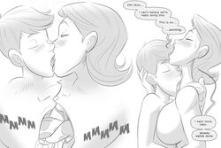 blush closed_eyes completely_nude french_kiss incest kissing_neck laz_(madefromlazers) mature_female milf moaning monochrome mother_and_son older_female short_hair speech_bubble younger_male