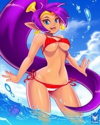 1girls bikini blue_eyes breasts dark-skinned_female dark_skin earrings erect_nipples female foxilumi hips long_hair long_ponytail navel open_mouth ponytail purple_hair shantae shantae_(character) smooth_skin solo thighs tiara tied_hair underboob wide_hips