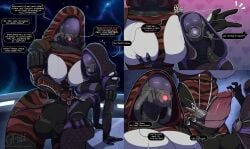 2futas balls big_ass big_balls big_breasts bigjohnson bodysuit breasts clothed clothing comic dialogue duo elf_waifu english_text erection futa_on_futa futa_only futanari height_difference helmet huge_cock humanoid humanoid_penis larger_futanari mass_effect mostly_clothed nora_(bigjohnson) original_characters penis penis_size_difference quarian roleplay sani_(bigjohnson) smaller_futanari standing text thick_thighs wide_hips