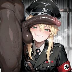 1boy ai_generated artoria_pendragon_(lancer) blonde_female dark-skinned_male fate/grand_order fate_(series) female huge_cock nazi penis_on_face prison