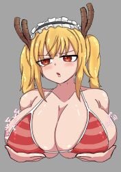 1girls annoyed bikini blonde_hair blush breast_grab breasts_bigger_than_head dragon_girl female gila_2724 groping_breasts horns huge_breasts jiggle jiggling_breasts kobayashi-san_chi_no_maidragon long_hair maid_headdress miss_kobayashi's_dragon_maid open_mouth solo swimsuit tagme tohru_(dragon_maid) twintails upper_body