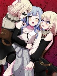 3girls absurdres after_kiss bang_dream! bang_dream!_it's_mygo!!!!! black_dress black_mask blonde_hair clone closed_eyes clothing_cutout commentary_request doloris_(bang_dream!) domino_mask dress fff_threesome frottage grey_skirt group_sex hand_on_another's_head heart heart-shaped_pupils highres holding_hands interlocked_fingers leg_between_thighs long_sleeves mask medium_hair misumi_uika multiple_girls one_eye_closed open_mouth purple_eyes pussy_juice red_background saliva saliva_trail shadow shirt shoulder_cutout skirt smile symbol-shaped_pupils threesome togawa_sakiko tongue tongue_out white_shirt yellow_eyes yualo yuri