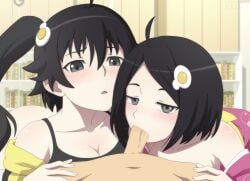 araragi_karen araragi_koyomi araragi_tsukihi black_eyes black_hair blowjob brother_and_sister hedit incest monogatari_(series) oral pov sisters threesome