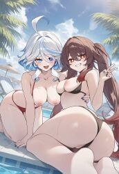 ai_generated bikini focalors_(genshin_impact) furina_(genshin_impact) genshin_impact hoyoverse hu_tao_(genshin_impact) mihoyo sidillusts sidious_(artist) yuri