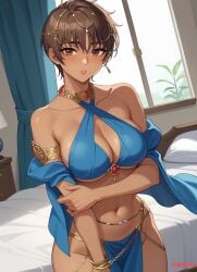 ai_assisted ai_generated anime arm_under_breasts bare_shoulders bare_thighs bed bedroom berserk blue_bottomwear blue_topwear blush boob_window breast_leak breasts brown_eyes brown_hair casca chains choker cleavage cross_bikini earring female female_focus grabbing_arm hair_between_eyes hair_ornament hand_on_elbow hand_on_leg looking_at_viewer medium_breasts no_bra no_panties plant shiny shiny_breasts shiny_hair shiny_skin shiny_thighs short_hair small_mouth sweat thick_thighs underboob