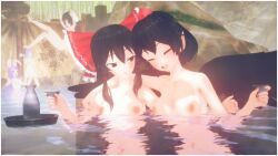 black_hair bunny_ears bunny_girl fanart female_only grey_hair hot_spring nude onsen purple_hair red_eyes reimu_hakurei reisen_udongein_inaba sake sake_bottle sexy shameimaru_aya small_breasts tengu tenguyurilove tewi_inaba touhou youmu_konpaku yuri yuri