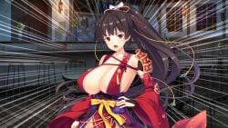 angry angry_eyes angry_face black_hair cleavage clothed clothed_female covered_erect_nipples female female_only game_cg huge_breasts kashima_hikari large_breasts long_hair moonstone_cherry night nipples_visible_through_clothing samurai