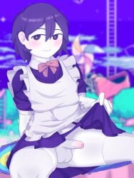 1boy bedroom_eyes blushing blushing_at_viewer confusedsabron crossdressing cum femboy its_cannon kel_(omori) leaking leaking_cum leaking_precum lifting_own_clothes lifting_skirt looking_at_viewer maid maid_apron maid_outfit maid_uniform omori partially_retracted_foreskin precum showing_penis sitting solo_male thigh_highs tree_stump uncircumcised uncut