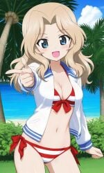 ai_generated bikini blonde_hair blue_eyes blush breasts girls_und_panzer kay_(girls_und_panzer) outdoors pointing_at_viewer smiling_at_viewer white_shirt