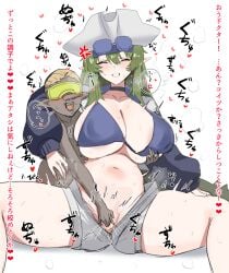 1boy 1girls anger_vein arknights bikini blue_bikini breasts crocodilian_tail dark-skinned_male dark_skin female gavial_(arknights) green_hair hat highres horn/wood imminent_sex japanese_text large_breasts netorare ntr onomatopoeia pointy_ears pussy sexual_harassment short_shorts shorts sweat swimsuit tail text thighs translated translation_check white_hat