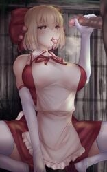 1boy 1boy1girl 1girls big_breasts blonde_hair female holding_penis japanese_clothes male medium_hair open_mouth penis red_ribbon ribbon satsuki_rin shounen_(hogehoge) shrine_maiden squatting thighhighs tongue touhou yellow_eyes