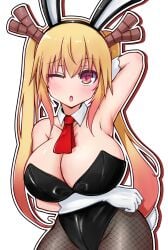 1girls :o arm_under_breasts arm_up armpit armpits blonde_hair blush bunny_ears bunny_tail bunnysuit cleavage dragon_girl female fishnets gloves horns huge_breasts large_breasts long_hair miss_kobayashi's_dragon_maid one_eye_closed parted_lips slit_pupils solo thorteru tohru_(dragon_maid) upper_body white_background