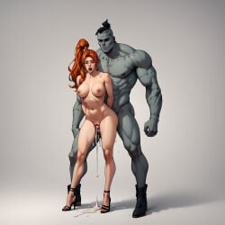 after_sex ai_generated artemis_of_bana-mighdall black_hair creature_commandos cum cum_dripping_out_of_pussy cum_in_pussy dc_comics frankenstein's_monster green_eyes grey_body high_heels huge_male monster nude_female nude_male ponytail red_hair sex stitched_body