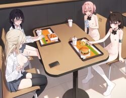 4girls armband black_bow black_bowtie black_hair black_skirt black_thighhighs blonde_hair booth_seating bow bowtie breasts brown_hair burger change_in_common_sense chewing chicken_nuggets exhibitionism fast_food flat_chest food french_fries full_body highres ketchup long_sleeves looking_at_another medium_breasts multiple_girls nipples nude open_clothes open_mouth open_shirt original pink_hair pleated_skirt public_indecency purple_eyes school_uniform shirt sitting skirt smile stockings thighhighs white_shirt white_thighhighs xiao_lin_jiu yellow_eyes zenra