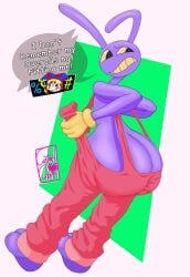 anthro ass ass_up big_ass big_butt bunny bunny_ears crazybluedog.exe_(artist) dialogue gloves hand_on_butt hi_res huge_ass humanoid ill-fitting_clothes jax_(the_amazing_digital_circus) lagomorph leporid male male_focus male_only mammal overalls purple_body rabbit solo solo_male struggling struggling_to_fit tagme text the_amazing_digital_circus tight_clothing tight_fit yellow_eyes yellow_mouth