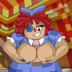 big_breasts button_eye button_eyes button_nipples cleavage cock dress exposed_breasts eyelid female lifted_shirt looking_at_viewer nasiri_(artist) partial_nudity patches ragatha_(the_amazing_digital_circus) ragdoll red_hair tease teasing the_amazing_digital_circus thicc titjob titjob_pov