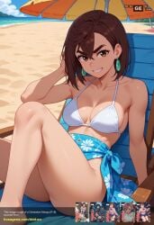 ai_generated ayase_momo bangs bare_arms bare_legs bare_shoulders barefoot beach beach_chair beach_umbrella bikini blue_sky blush breasts brown_eyes brown_hair clavicle cleavage closed_mouth clothing cloud dandadan day earrings feet female female_only floral_print grin hair_between_eyes halterneck holding jewelry knee_up large_breasts legs long_hair looking_at_viewer medium_breasts medium_hair navel ocean open_mouth outdoors palm_tree parted_lips sand sarong short_hair sitting sky smile solo stomach sunlight swimsuit teeth thighs tied_hair tree umbrella v-shaped_eyebrows water white_bikini white_swimsuit