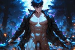 1boy abs ai_generated bangs bara big_balls big_black_cock big_cock big_dick big_penis big_testicles big_thighs black_coat black_hair black_jacket black_penis blue_eyes bush bushy_pubes closed_mouth coat daddy dual_wielding exposed_nipples exposed_torso fire flaccid forest glowing goldenfieldszho holding holding_sword holding_weapon jacket large_pectorals looking_at_viewer male_focus male_pubic_hair muscular muscular_male naked_coat nature navel night night_sky nipples open_clothes outdoors pectorals penis pubic_hair seductive seductive_look seductive_pose seductive_smile short_hair smile solo solo_leveling sung_jin_woo sweat sweatdrop sweating sweaty sweaty_body sword testicles veiny veiny_penis weapon