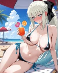 1girls ai_generated alcohol areola_slip beach beach_chair beach_umbrella blue_eyes blush breasts closed_mouth cloud cocktail day ear_blush embarrassed embarrassed_female fate/grand_order fate_(series) female french_braid glasses hair_between_eyes hair_ribbon holding_glass holding_object large_breasts looking_away lounge_chair micro_bikini morgan_le_fay_(fate) navel notreallyhere outdoors pale_blonde_hair platinum_blonde_hair ponytail sea side-tie_bikini sidelocks sitting skindentation solo very_long_hair