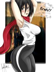 arms_behind_head ass attack_on_titan big_breasts bubble_butt dilane93 fit_female leggings looking_at_viewer mikasa_ackerman shingeki_no_kyojin sideboob sideview thick thick_thighs tight_clothing